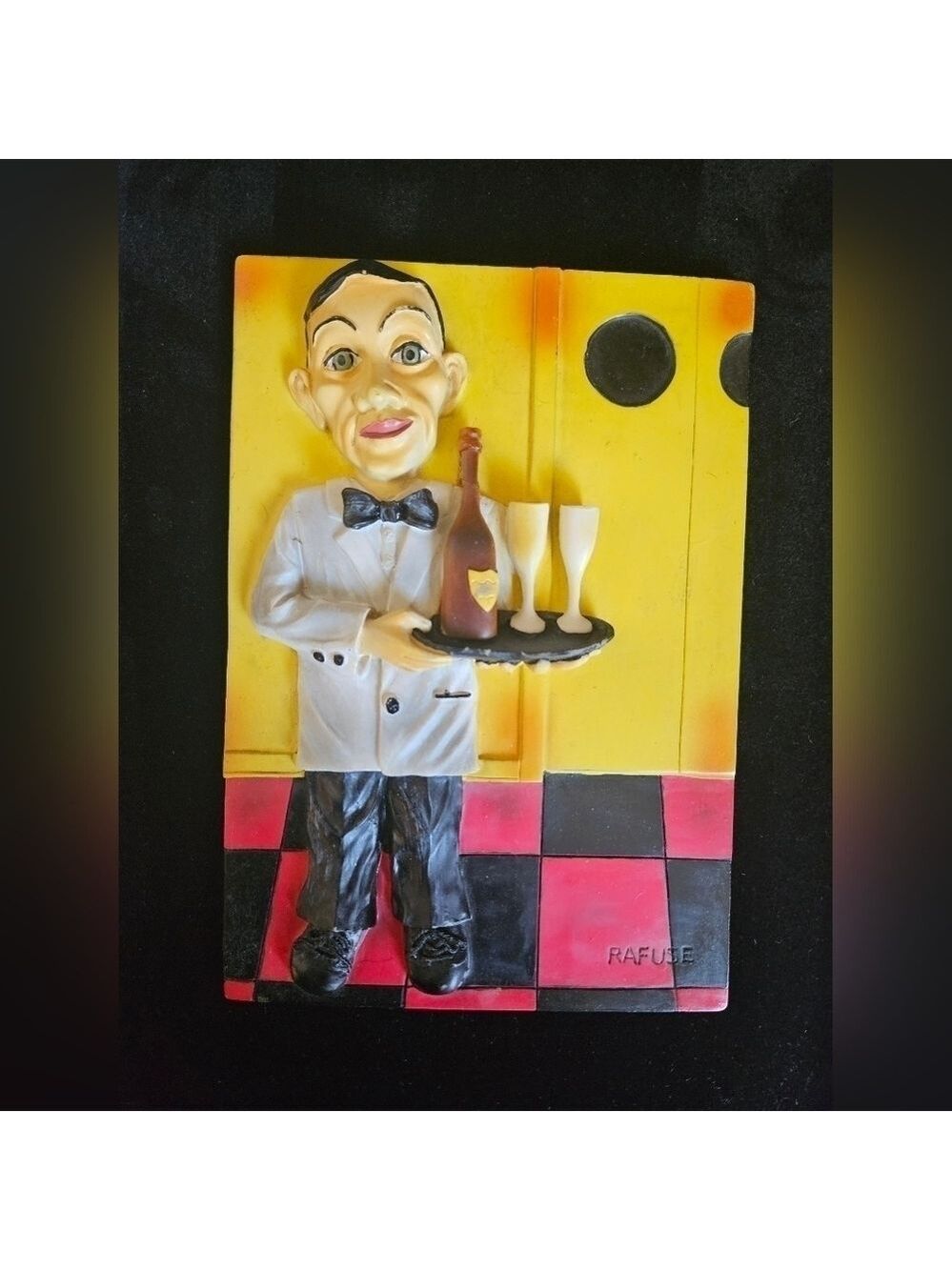 Vintage Will Rafuse 3D Lucy's Cafe Wine Waiter Wall Plaque Signed